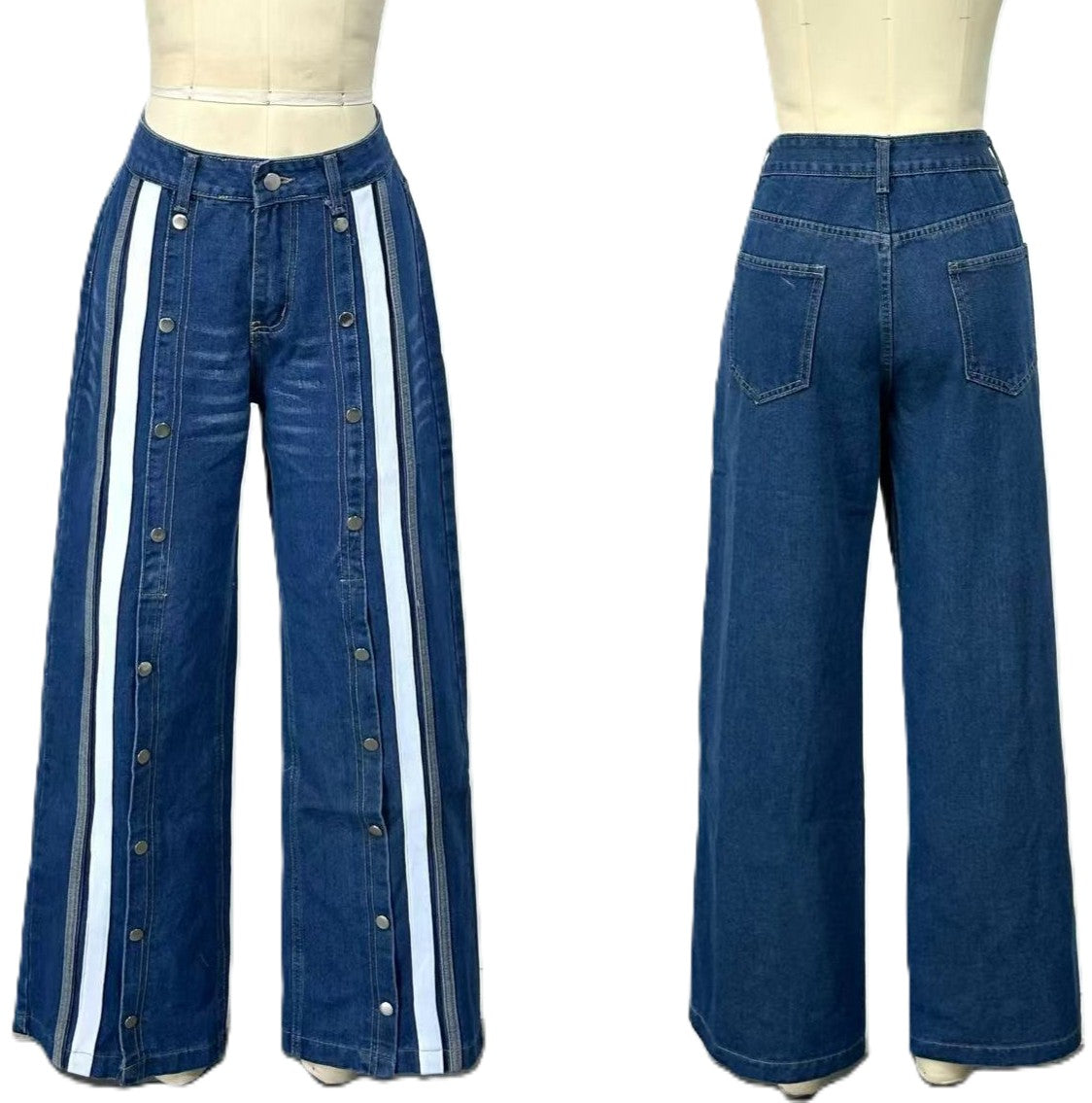 Side Stripe Buttoned Wide Leg Jeans - Blue - 1
