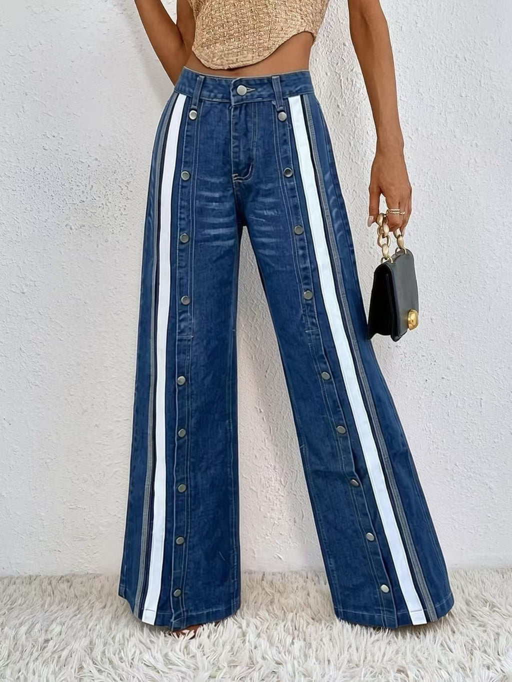 Side Stripe Buttoned Wide Leg Jeans - Blue - 2