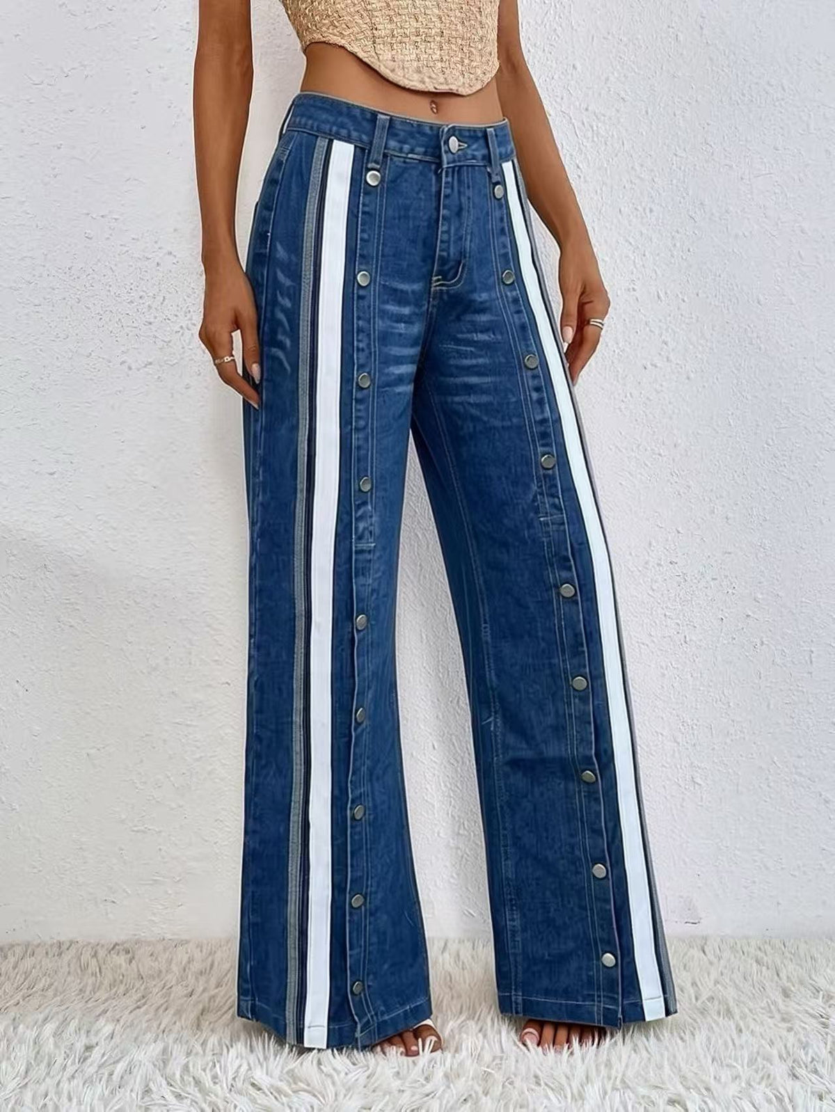 Side Stripe Buttoned Wide Leg Jeans - Blue - 3