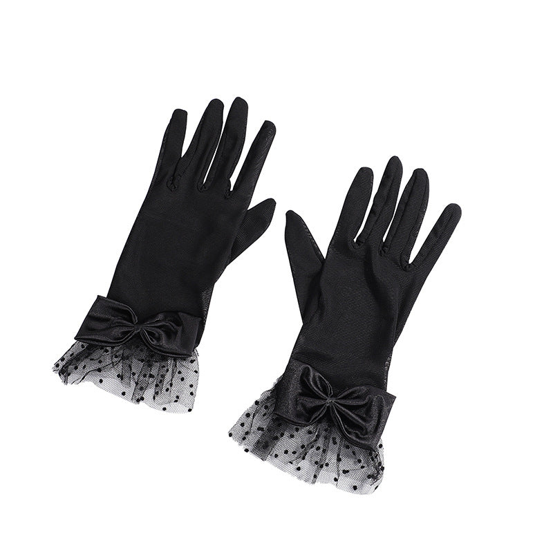 Sheer Tulle Bow Wrist Gloves - Black