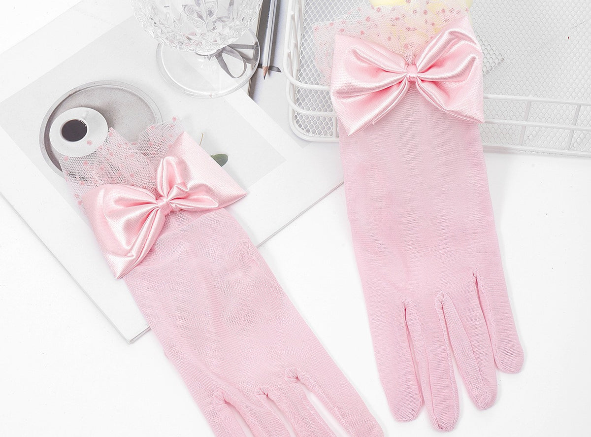 Sheer Tulle Bow Wrist Gloves - Pink