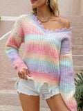 Rainbow Ombre Distressed Hem V-Neck Sweater - Pink