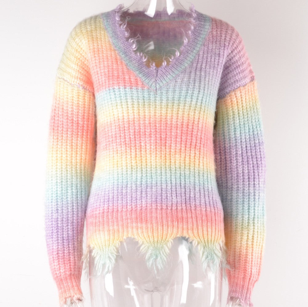Rainbow Ombre Distressed Hem V-Neck Sweater - Pink - 1