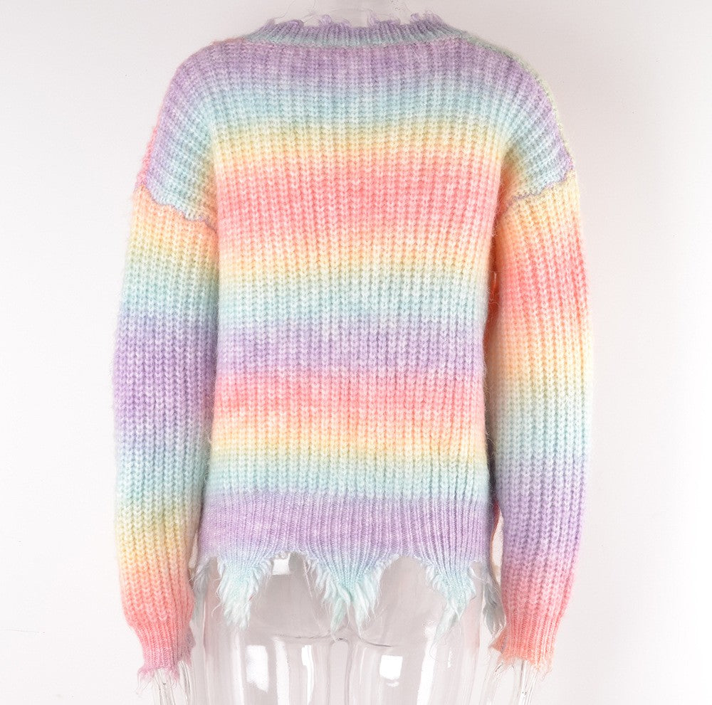 Rainbow Ombre Distressed Hem V-Neck Sweater - Pink - 2