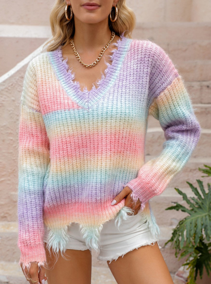 Rainbow Ombre Distressed Hem V-Neck Sweater
