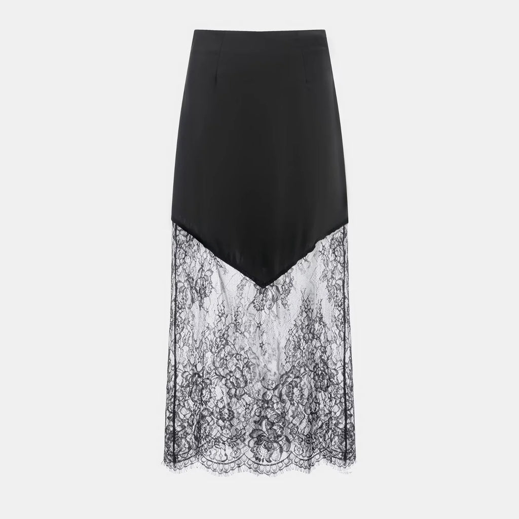 Satin Midi Skirt With Sheer Lace Hem - Black - 1