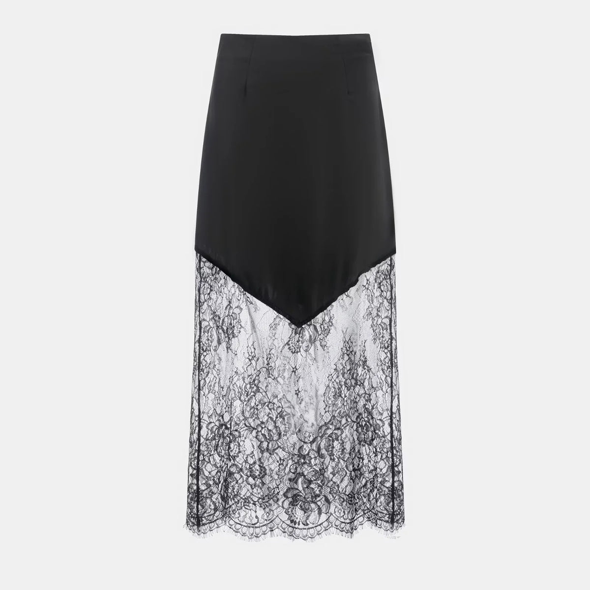 Satin Midi Skirt With Sheer Lace Hem - Black - 1