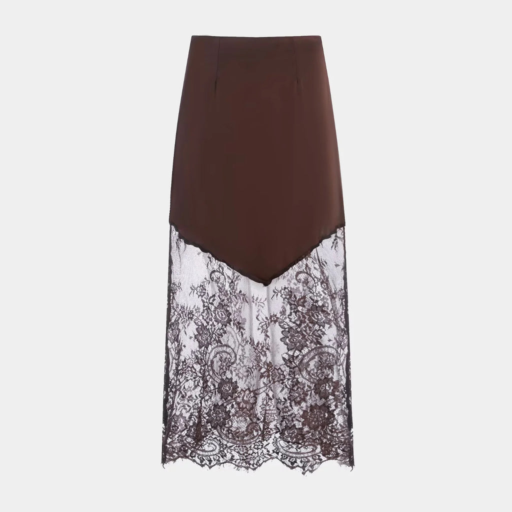 Satin Midi Skirt With Sheer Lace Hem - Coffee