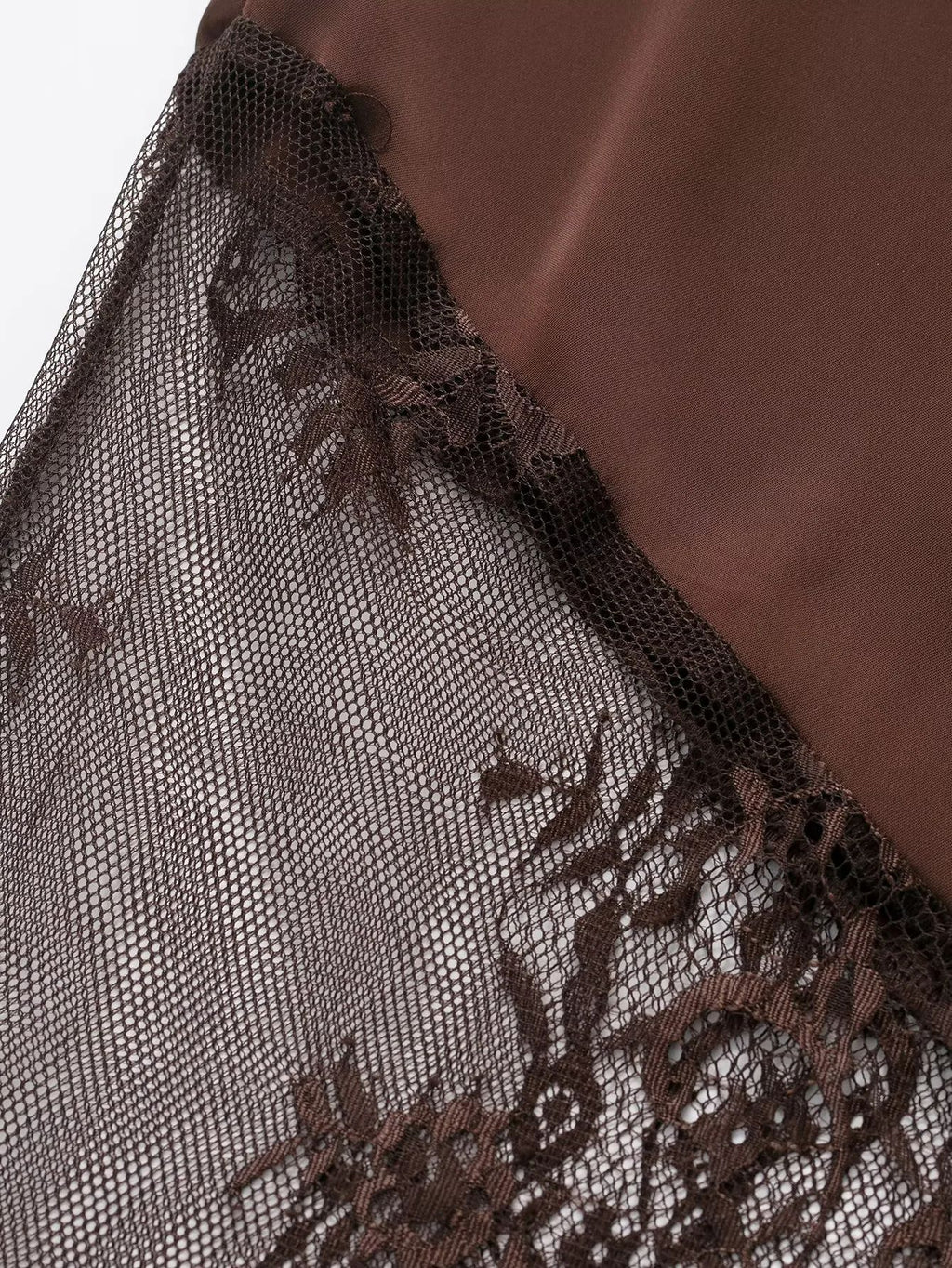 Satin Midi Skirt With Sheer Lace Hem - Coffee - 2