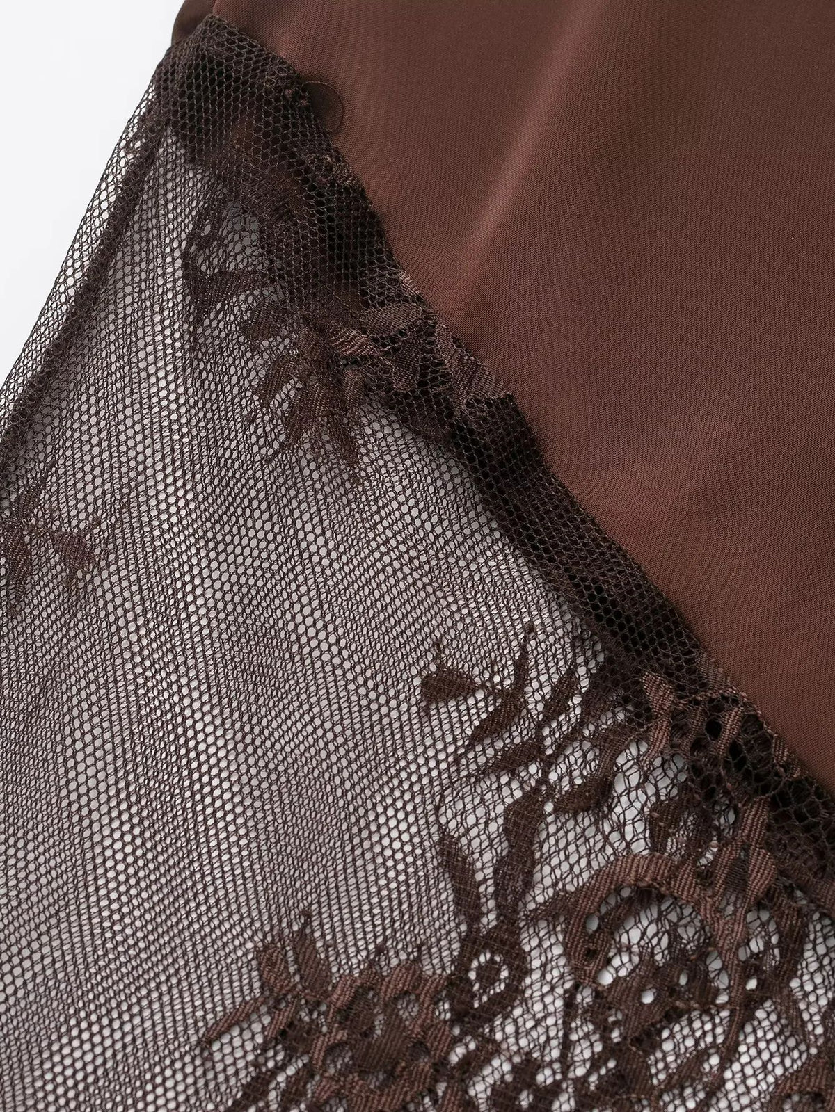 Satin Midi Skirt With Sheer Lace Hem - Coffee - 2