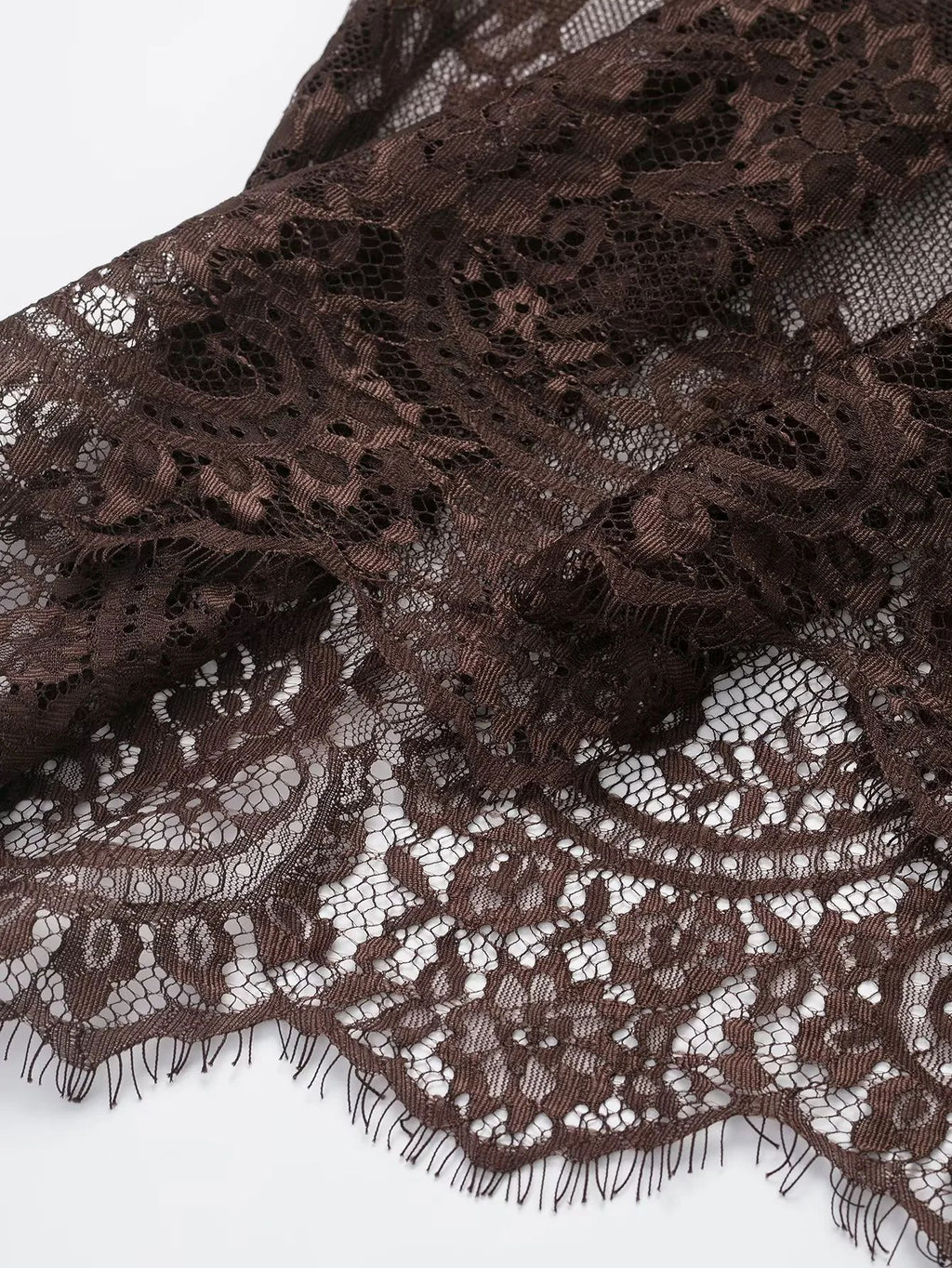 Satin Midi Skirt With Sheer Lace Hem - Coffee - 5