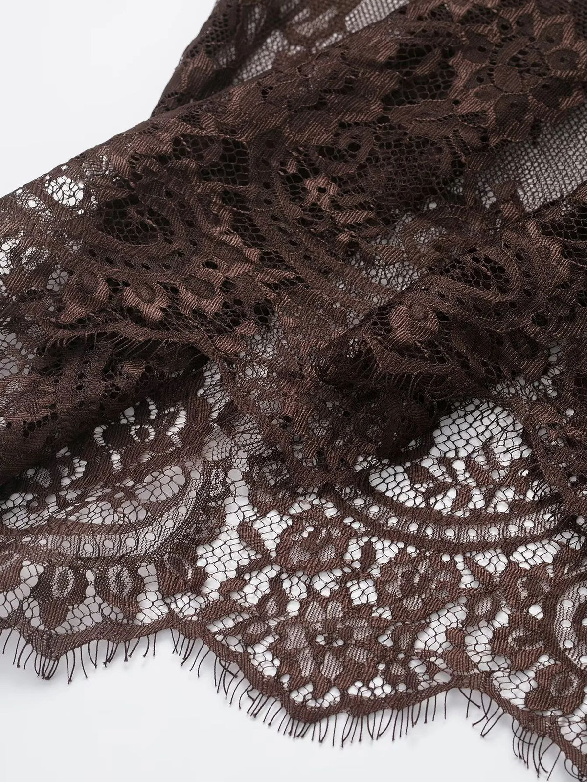 Satin Midi Skirt With Sheer Lace Hem - Coffee - 5