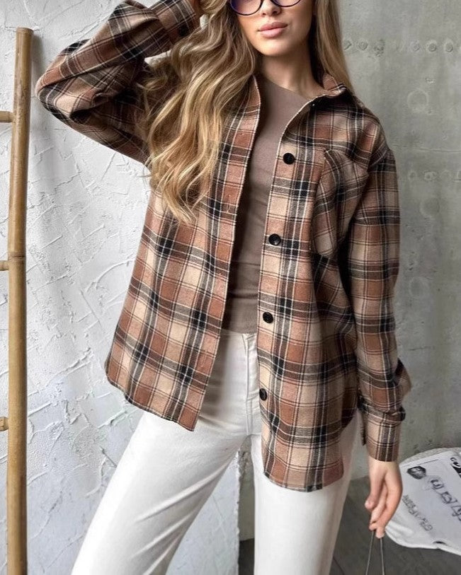 Classic Plaid Button Down Flannel Shirt - Brown