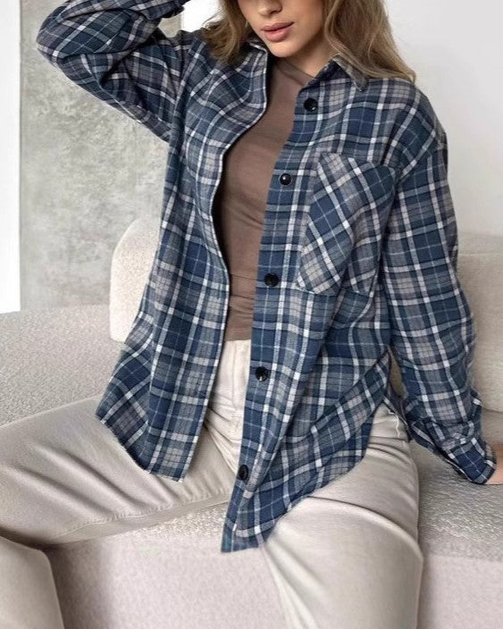 Classic Plaid Button Down Flannel Shirt - DarkBlue