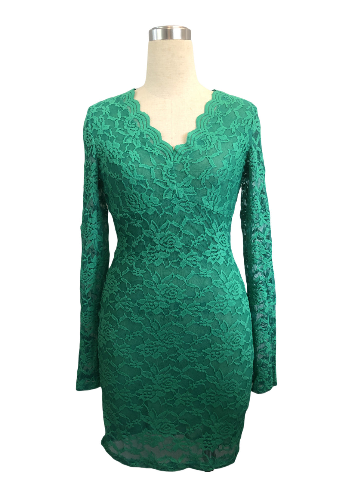 Lace V Neck Long Sleeve Party Dress - Green
