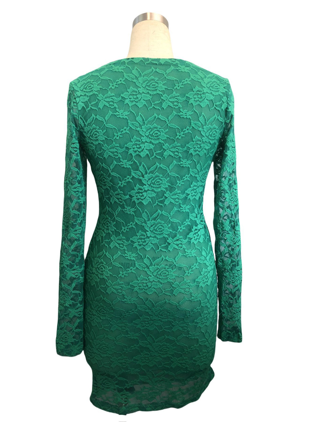 Lace V Neck Long Sleeve Party Dress - Green - 1