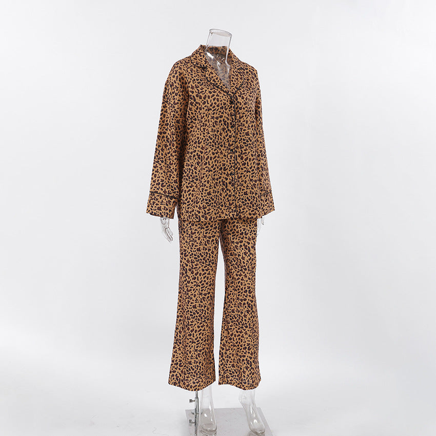 Leopard Print Satin Shirt And Pant Lounge Set - Brown - 1
