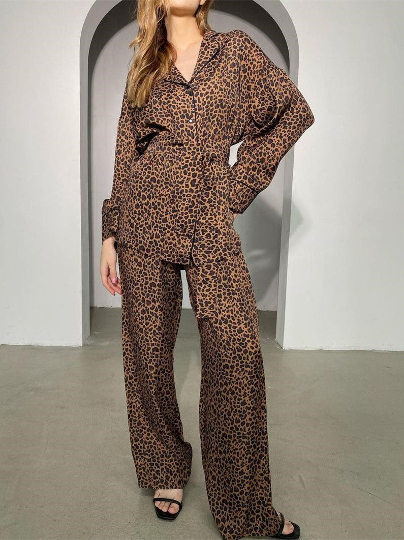 Leopard Print Satin Shirt And Pant Lounge Set - Brown - 10