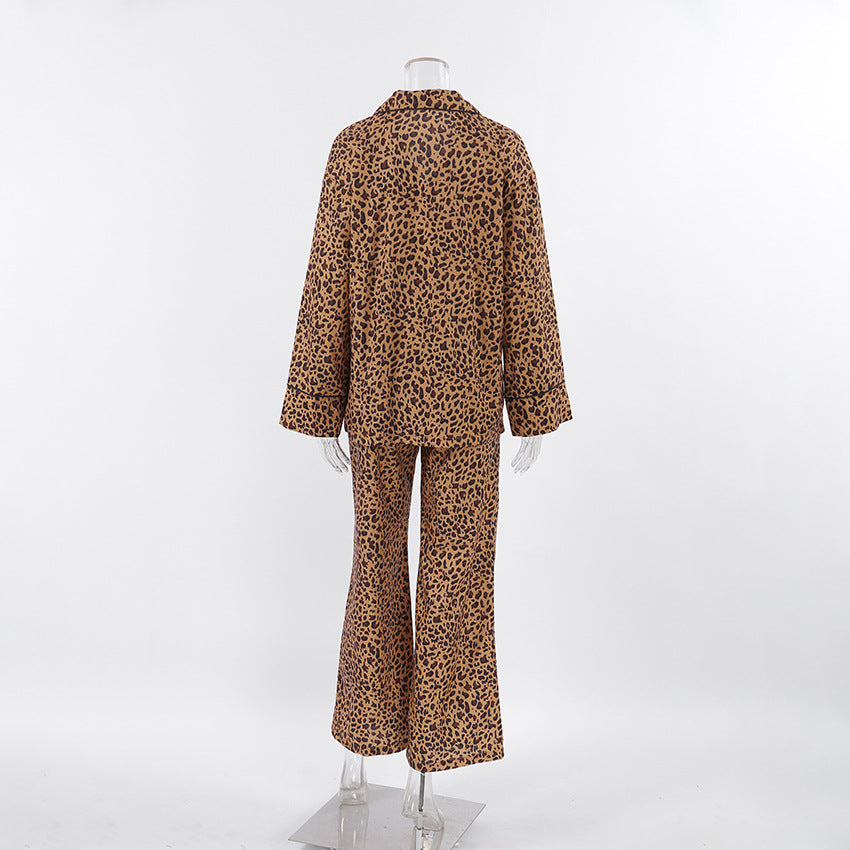 Leopard Print Satin Shirt And Pant Lounge Set - Brown - 2