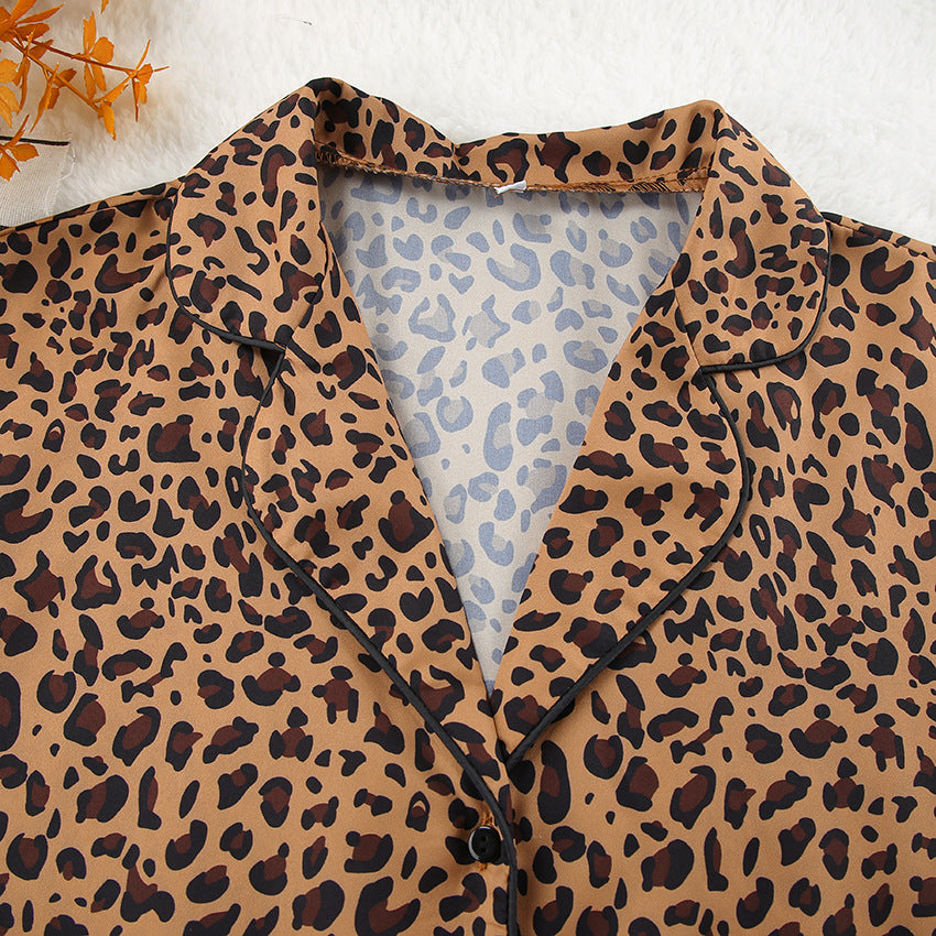 Leopard Print Satin Shirt And Pant Lounge Set - Brown - 3