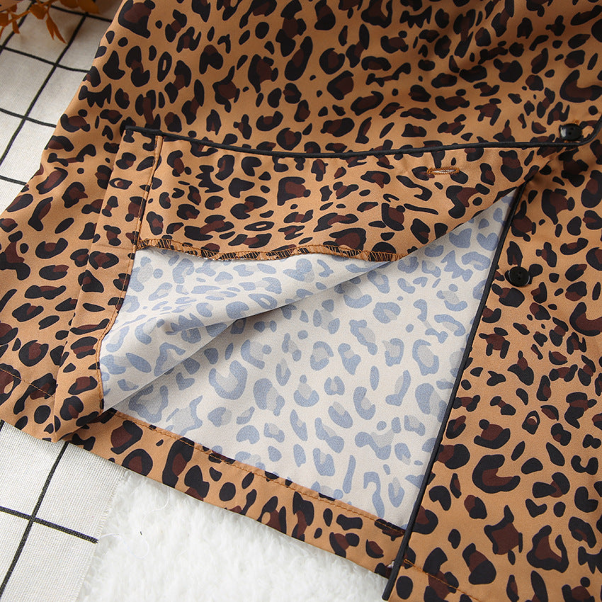 Leopard Print Satin Shirt And Pant Lounge Set - Brown - 4