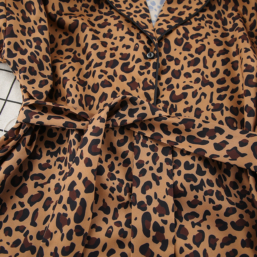 Leopard Print Satin Shirt And Pant Lounge Set - Brown - 5