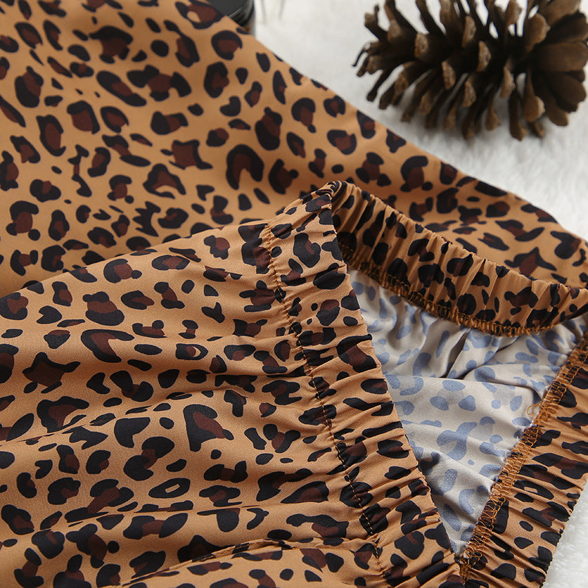 Leopard Print Satin Shirt And Pant Lounge Set - Brown - 7