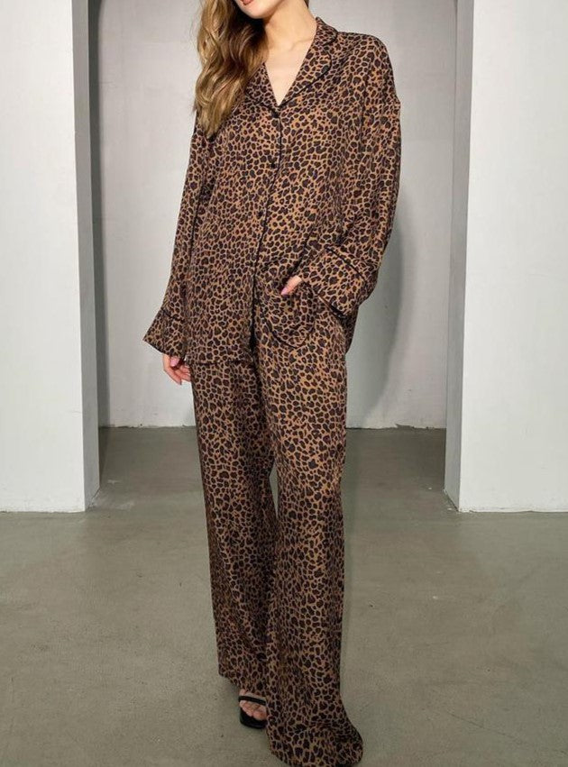 Leopard Print Satin Shirt And Pant Lounge Set - Brown - 8