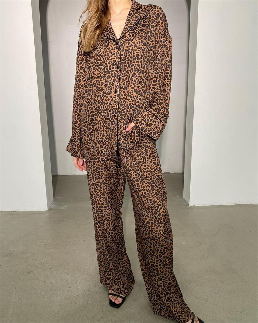 Leopard Print Satin Shirt And Pant Lounge Set - Brown - 9