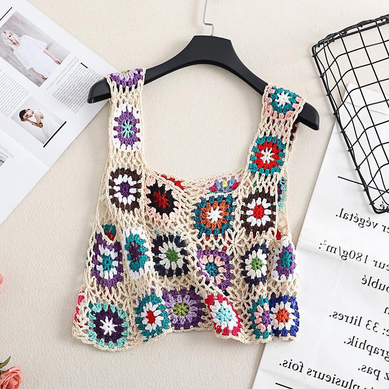 Granny Square Crochet Cover Up Tank - Beige - 1