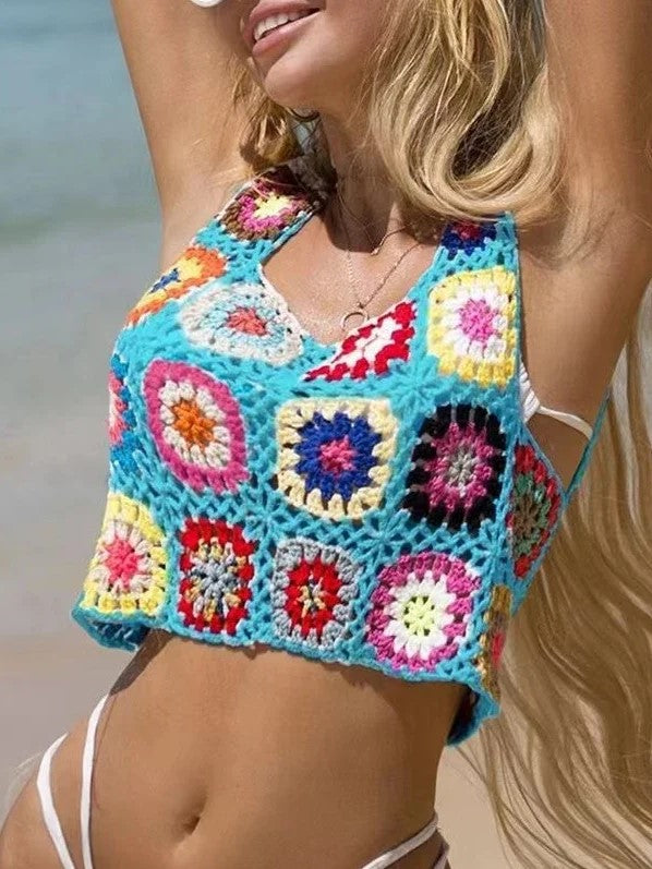 Granny Square Crochet Cover Up Tank - Turquoise - 1