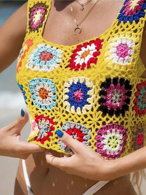 Granny Square Crochet Cover Up Tank - Yellow - 1