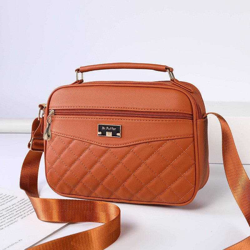 Quilted Camera Crossbody Bag with Top Handle - Caramel