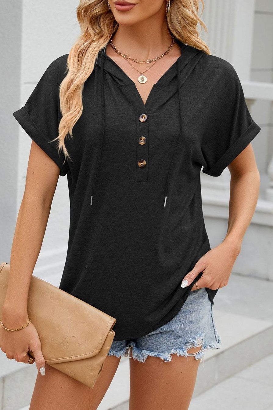 Drawstring Hood Button Front Short Sleeve Top - Black