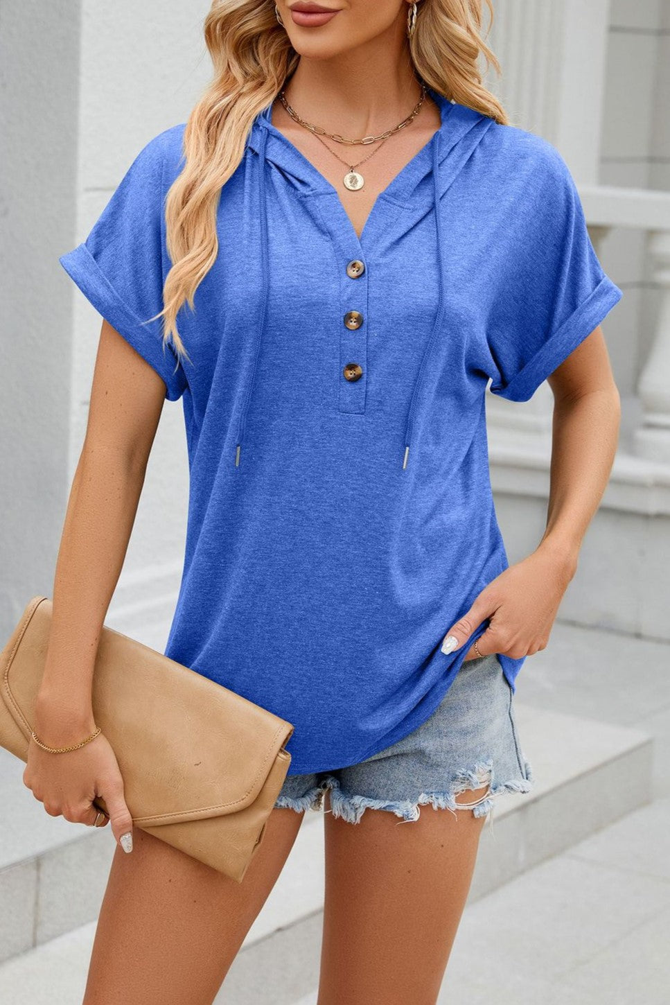 Drawstring Hood Button Front Short Sleeve Top - Blue