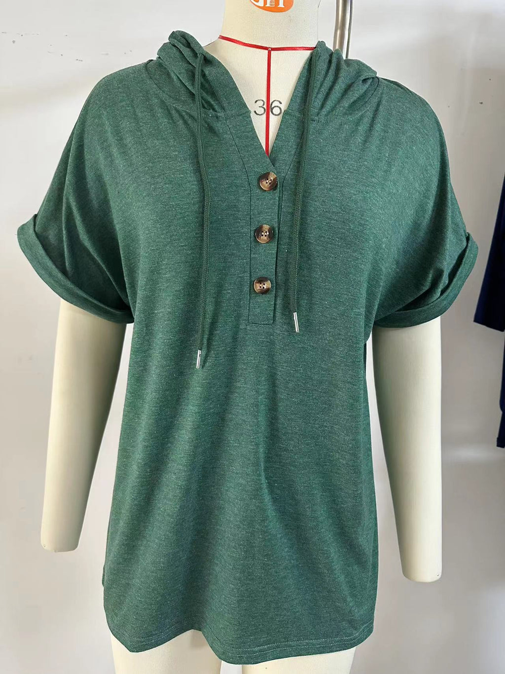 Drawstring Hood Button Front Short Sleeve Top - Green - 2