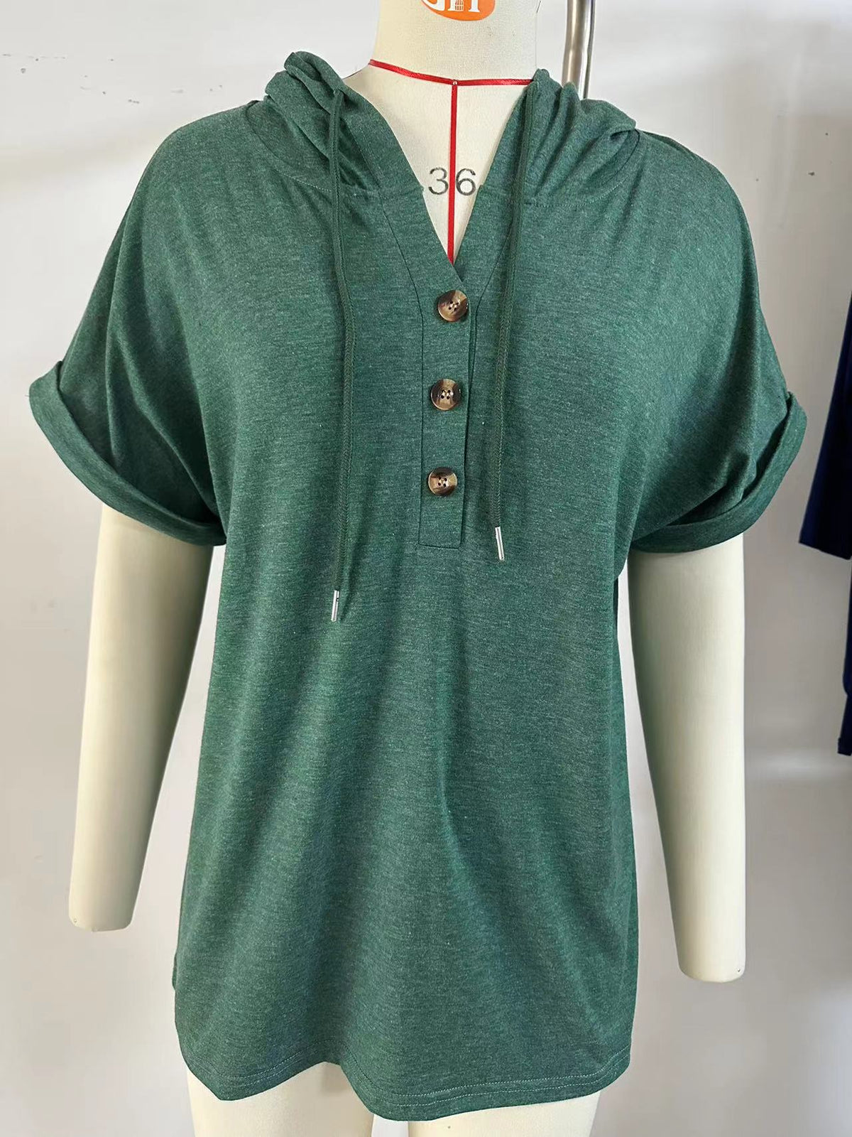 Drawstring Hood Button Front Short Sleeve Top - Green - 2