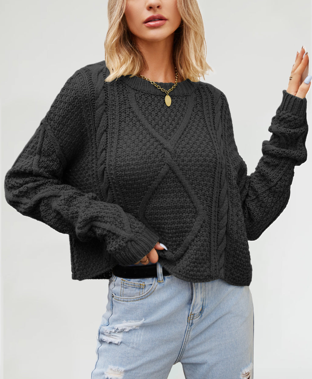 Chunky Cable Knit Slouchy Jumper - Black