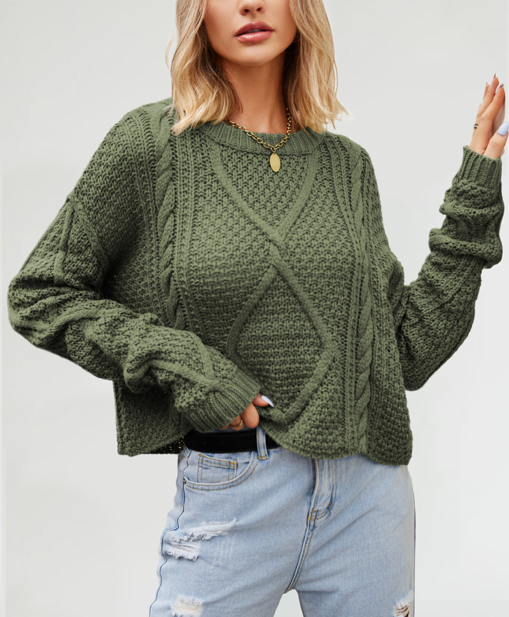 Chunky Cable Knit Slouchy Jumper - Green