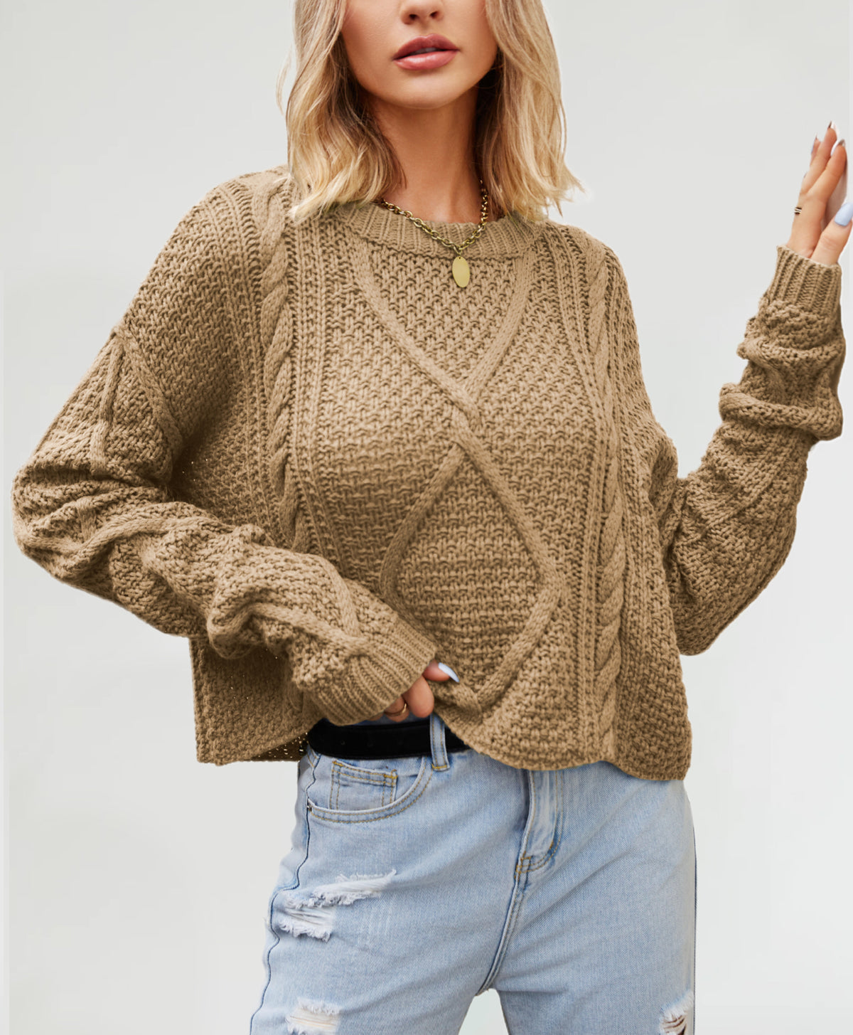 Chunky Cable Knit Slouchy Jumper - Khaki
