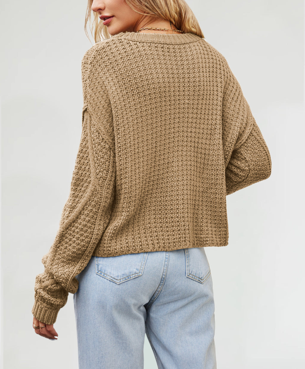 Chunky Cable Knit Slouchy Jumper - Khaki - 1