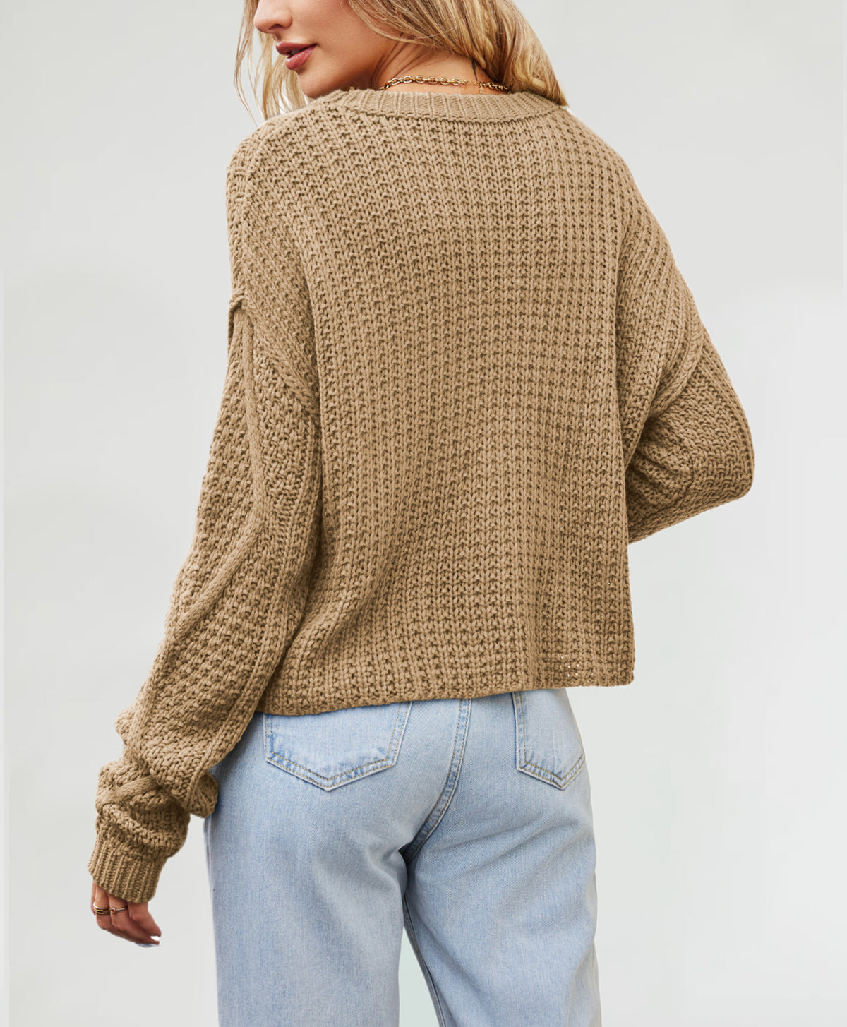 Chunky Cable Knit Slouchy Jumper - Khaki - 1
