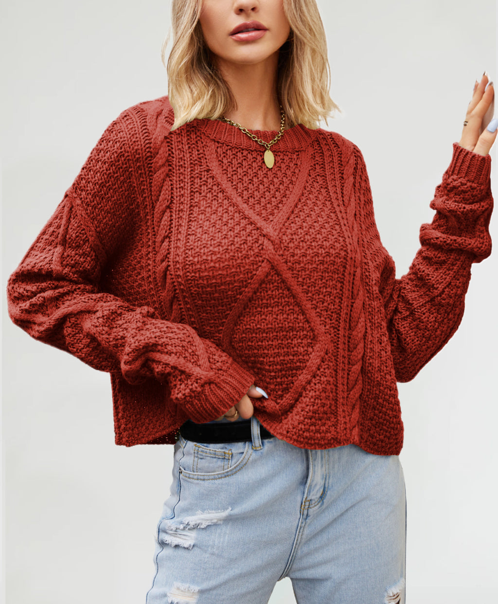 Chunky Cable Knit Slouchy Jumper - Red