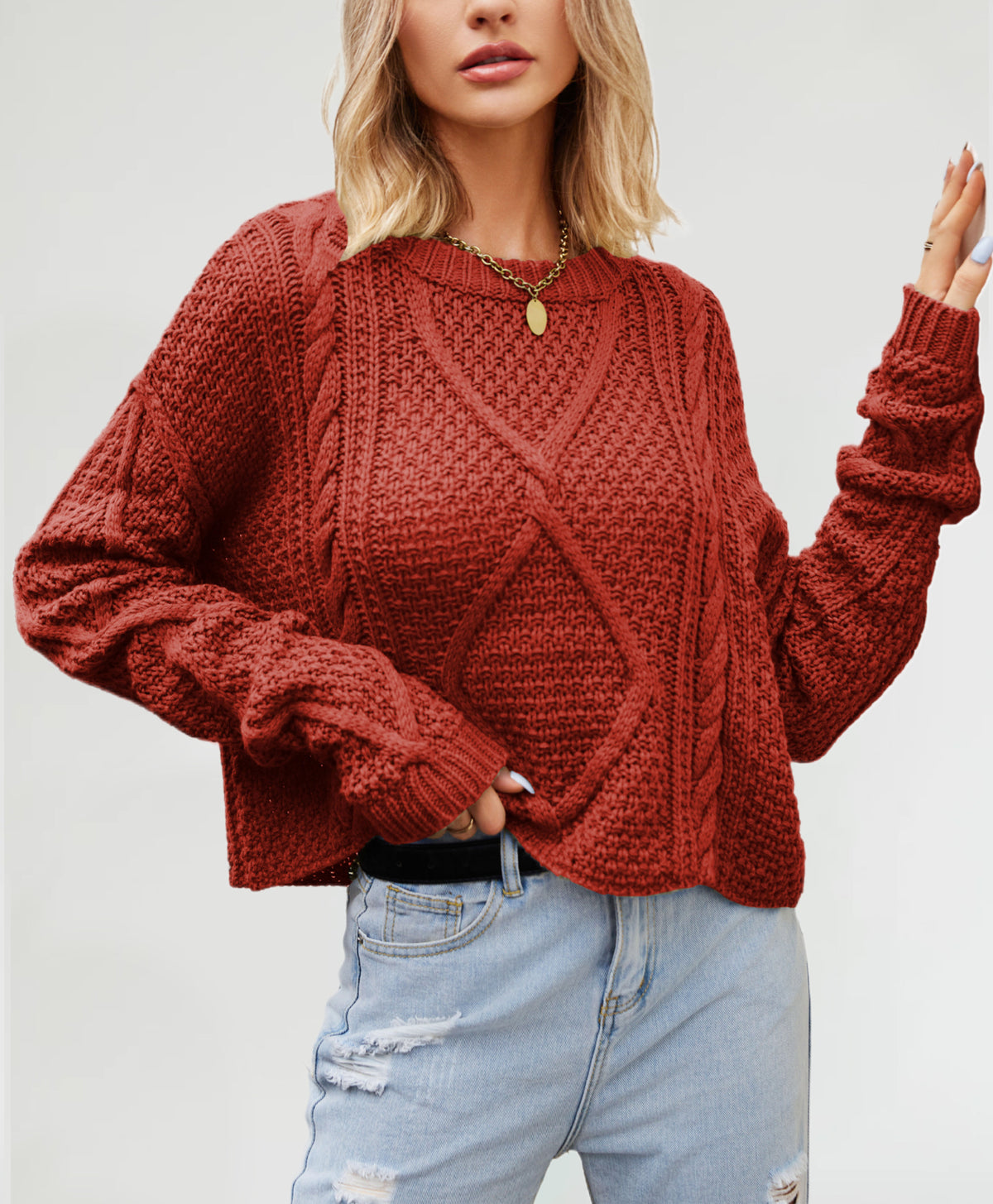 Chunky Cable Knit Slouchy Jumper - Red