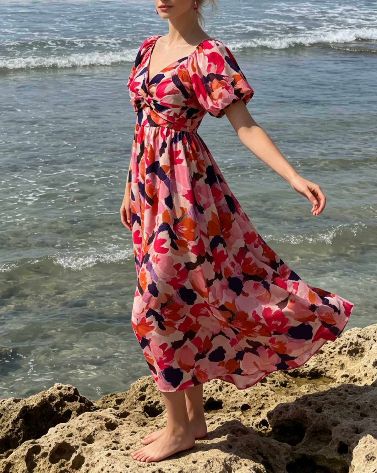 Floral Puff Sleeve Smocked Waist Maxi Dress - Pink