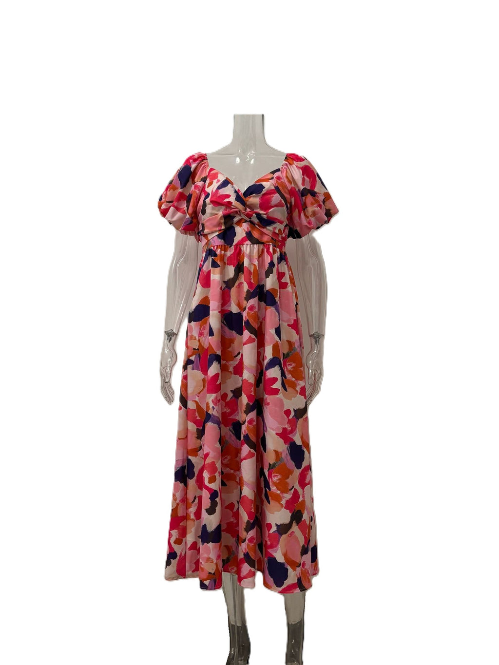 Floral Puff Sleeve Smocked Waist Maxi Dress - Pink - 1