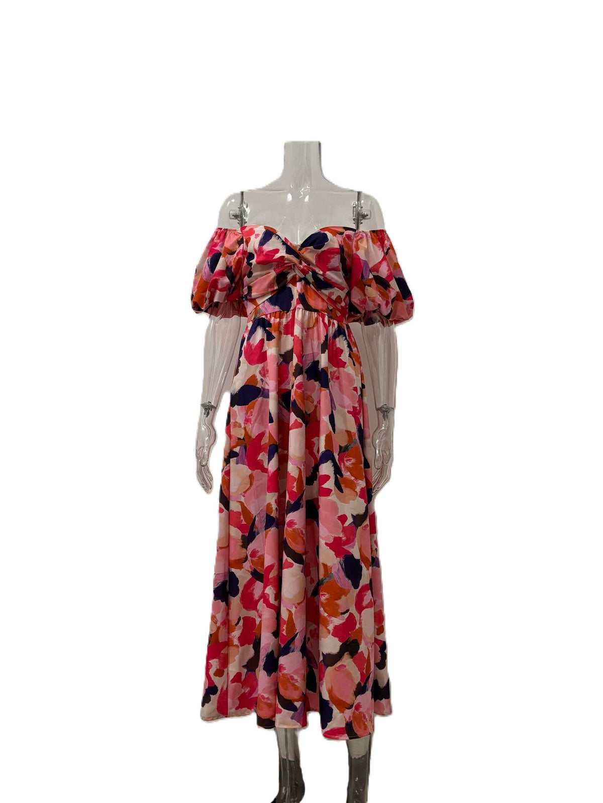 Floral Puff Sleeve Smocked Waist Maxi Dress - Pink - 2