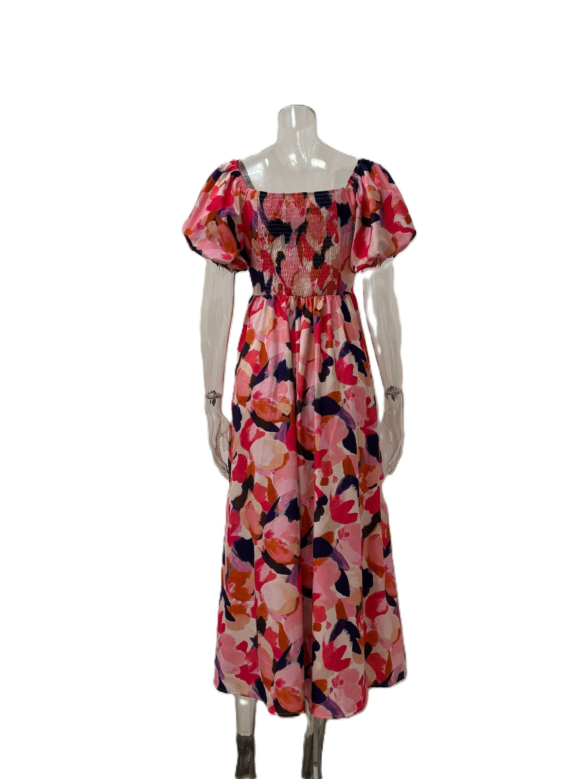 Floral Puff Sleeve Smocked Waist Maxi Dress - Pink - 3