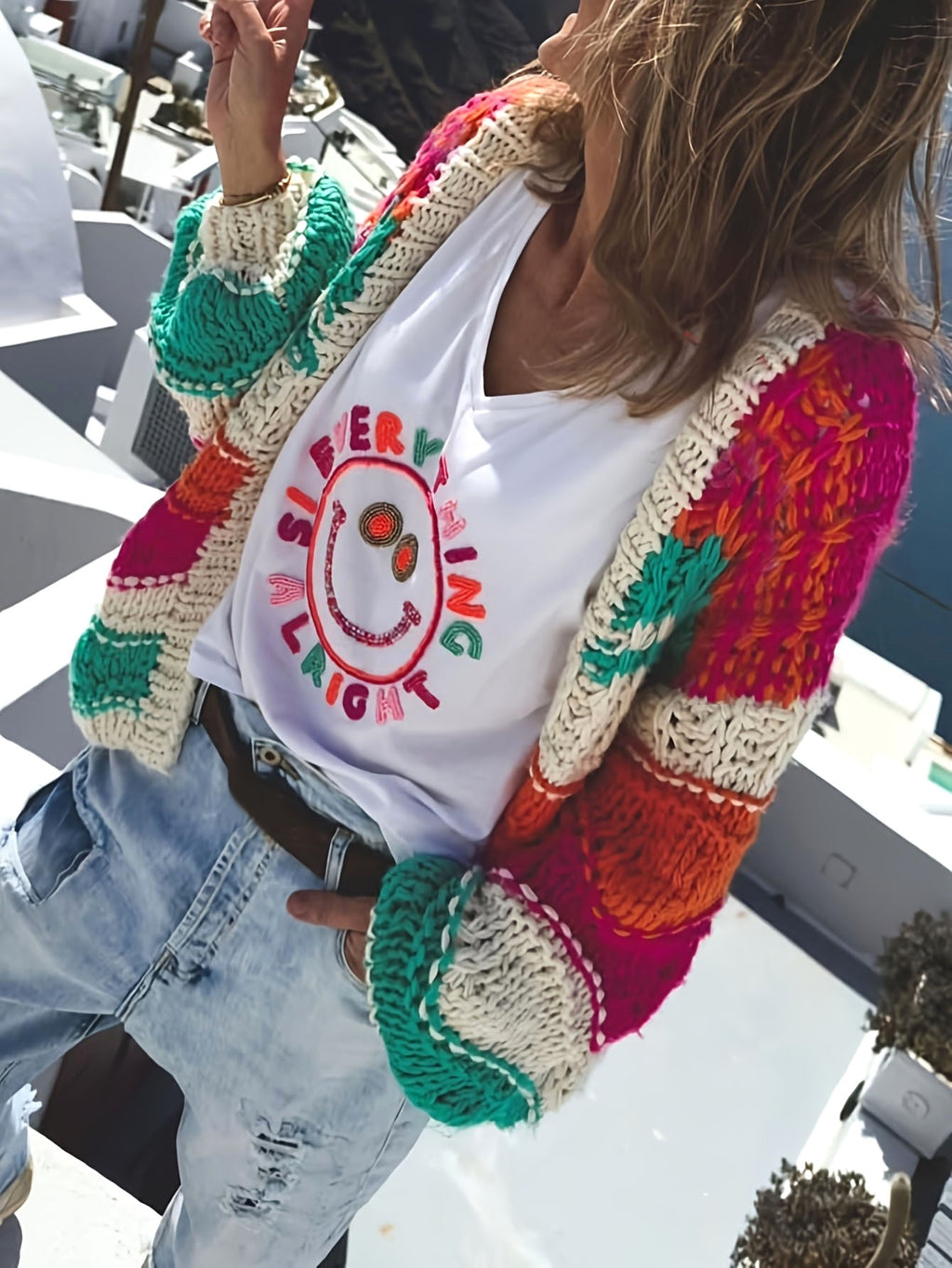 Chunky Rainbow Stripe Open Front Cardigan - Striped - 1