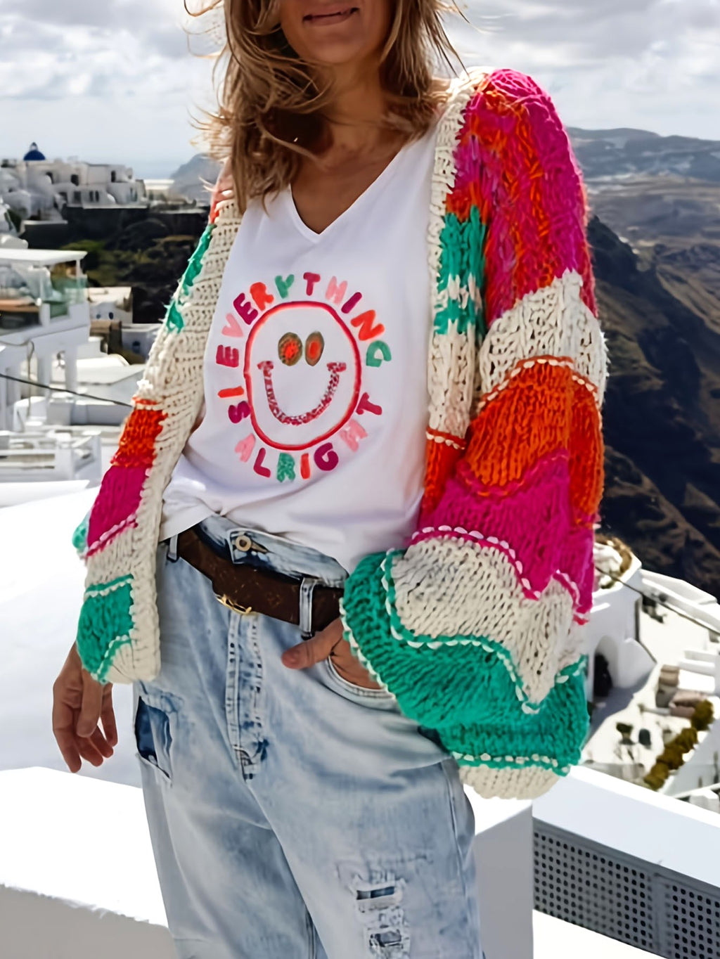 Chunky Rainbow Stripe Open Front Cardigan - Striped - 3